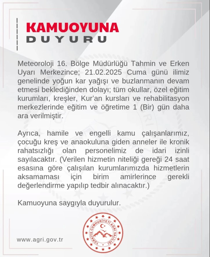 Ağrı’da eğitime 1 gün daha ara verildi !